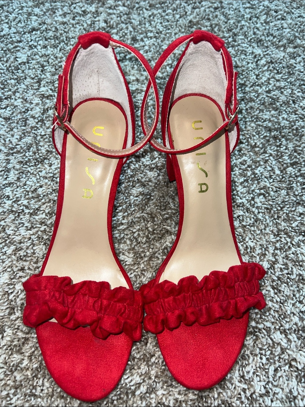 UNISA RED! Suede Ruffle Ankle Strap Block Heels- Size 9.5